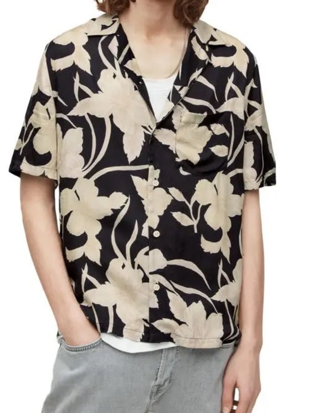 All Saints Black Short-Sleeve Button-Up with Cream Floral Print